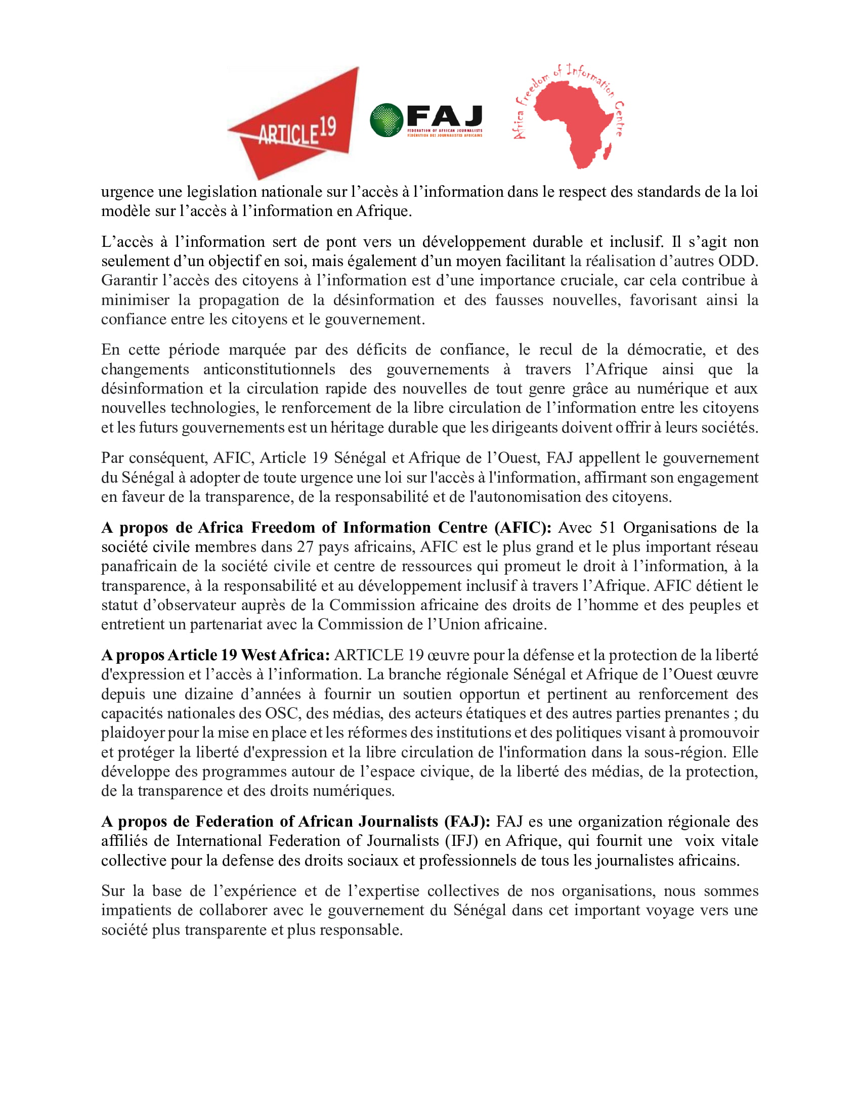 AFIC, Article 19, Federation of African Journalist send a letter to the President of Senegal